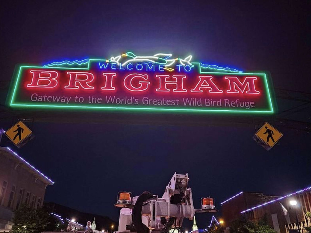 YESCO Retrofits Neon Lighting With LED Illumination  On Brigham Gateway Arch Sign In Brigham City, Utah
