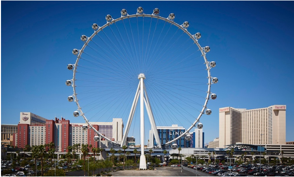 HIGH ROLLER AND  EIFFEL TOWER IN LAS VEGAS TURNS RED, YELLOW AND GREEN