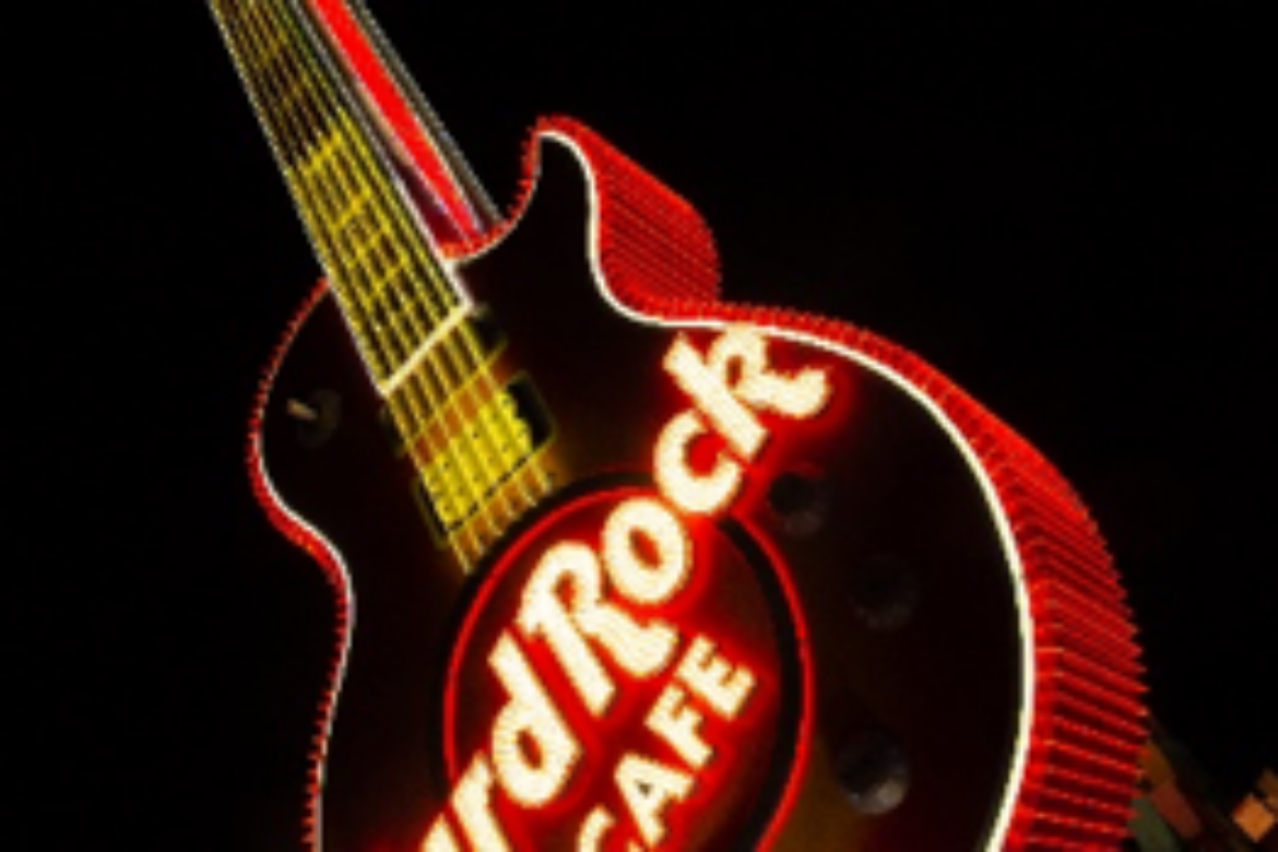 RESTORED HARD ROCK CAFÉ GUITAR SIGN ILLUMINATED FOR THE FIRST TIME IN THE NEON MUSEUM BONEYARD, MARCH 4