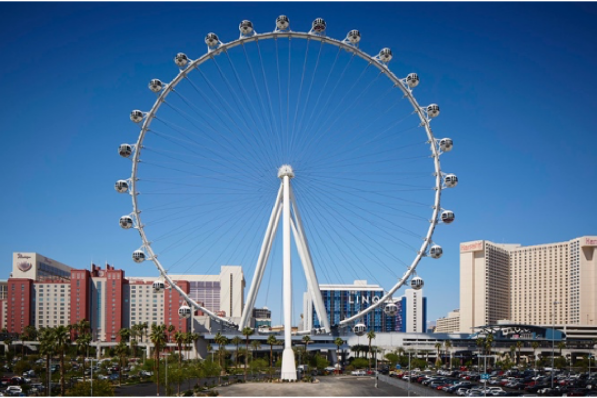 HIGH ROLLER AND  EIFFEL TOWER IN LAS VEGAS TURNS RED, YELLOW AND GREEN