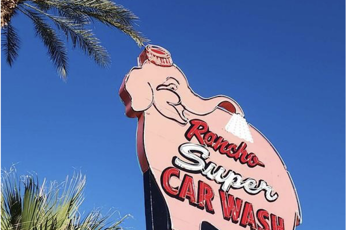 YESCO REFURBISHES HISTORIC RANCHO SUPER CAR WASH PINK ELEPHANT SIGN IN RANCHO MIRAGE, CALIFORNIA