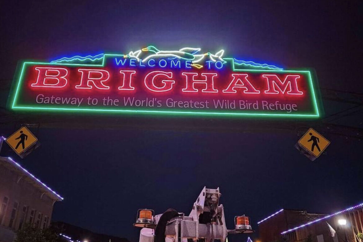 YESCO Retrofits Neon Lighting With LED Illumination  On Brigham Gateway Arch Sign In Brigham City, Utah