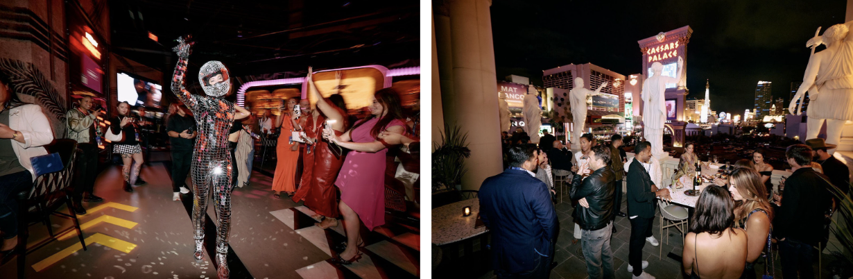 Mirror-Suited Performer And Rooftop Cocktail Party