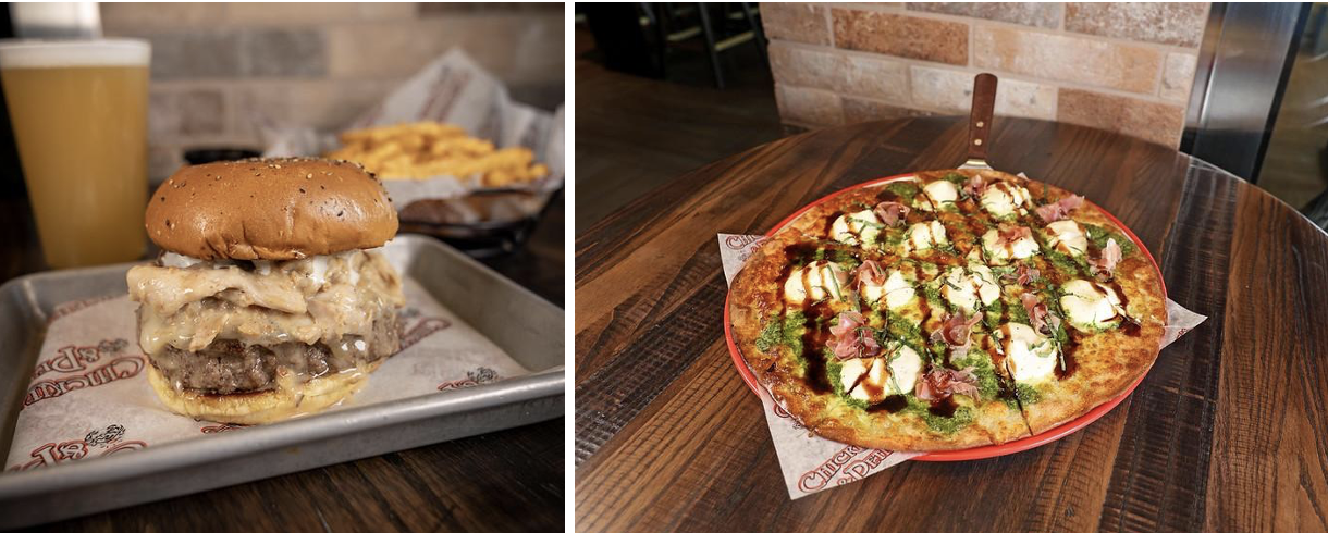 Gourmet Burger And Artisan Pizza On Wooden Table Gourmet Burger And Artisan Pizza On Wooden Table