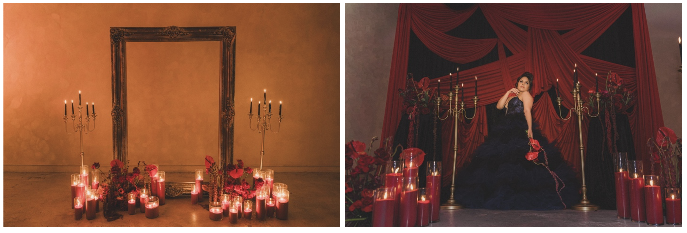 Elegant Red Candle Event Setup and Portrait Backdrop
