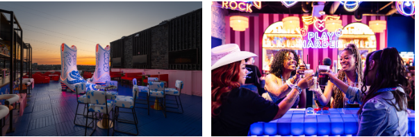Guests Enjoying Rooftop Lounge And Playground Arcade Experience