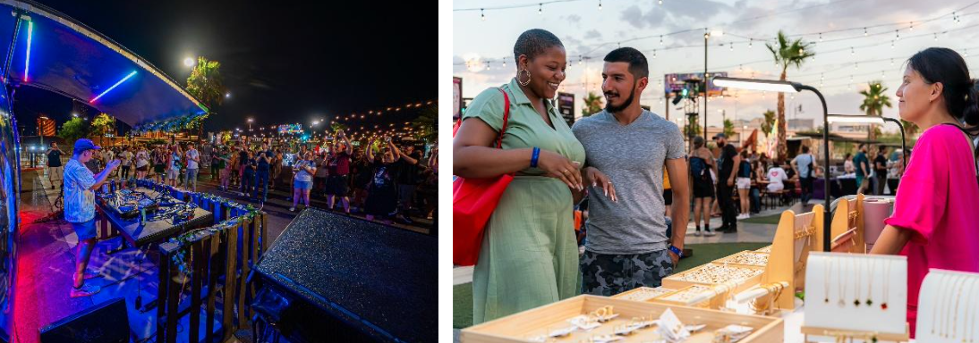 Nighttime Outdoor DJ Performance and Guests Shopping At Artisan Market